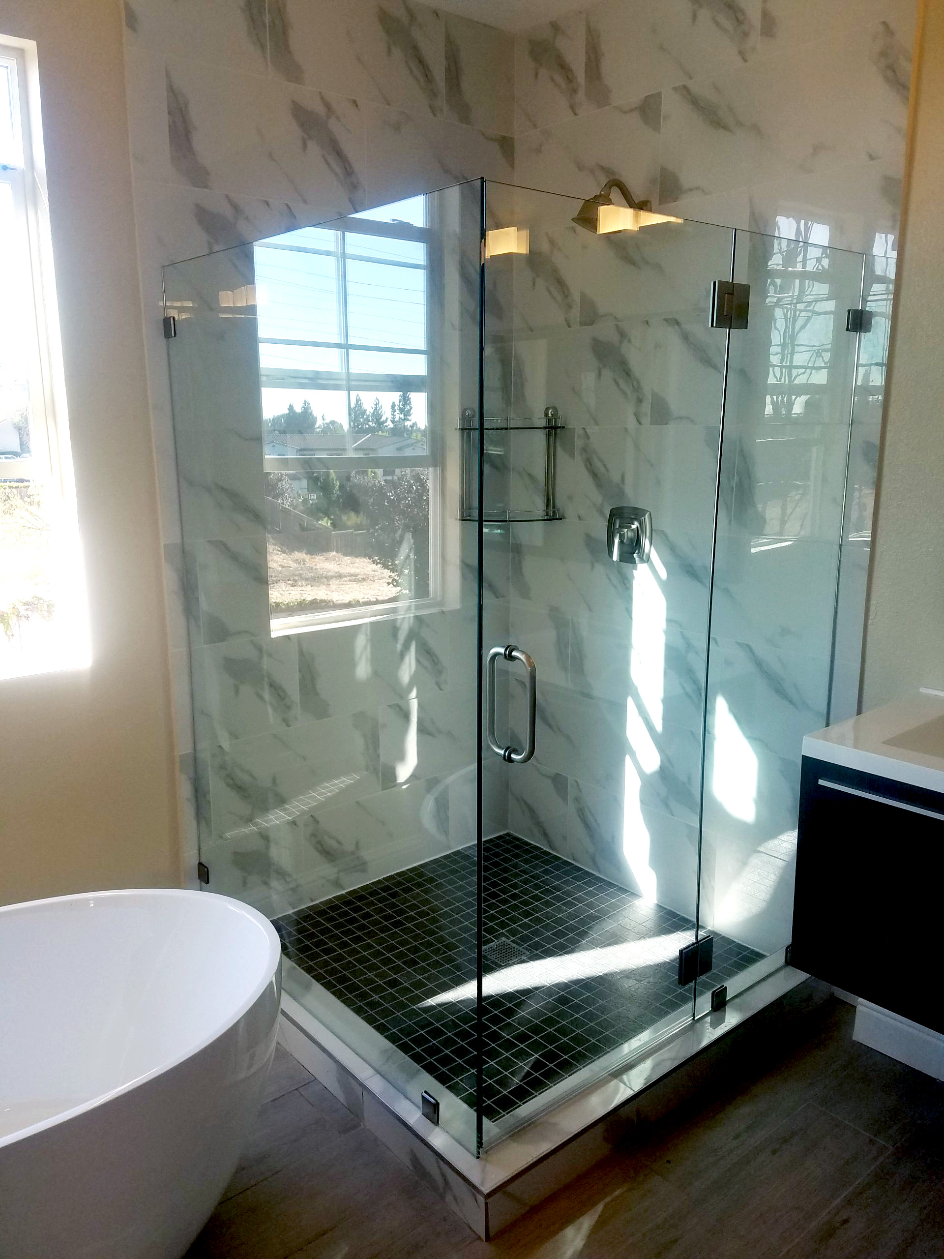 corner shower framless glass bathroom remodel
